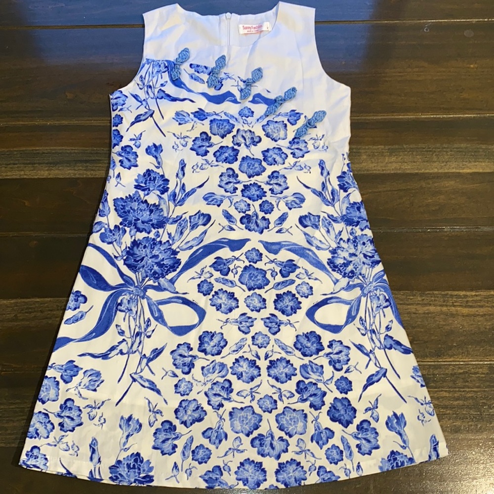 Girls Blue & White Print Sleeveless Dress